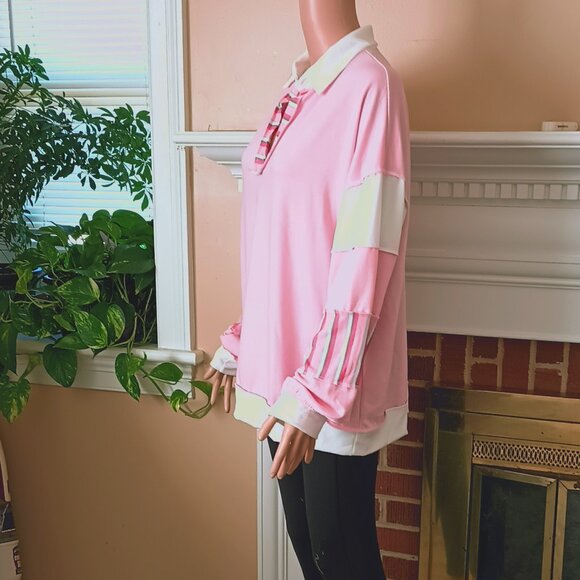 Lovely Melody Long Sleeve Top XL Pink & Stripe Collared Exposed Seam Blouse - Picture 5 of 8